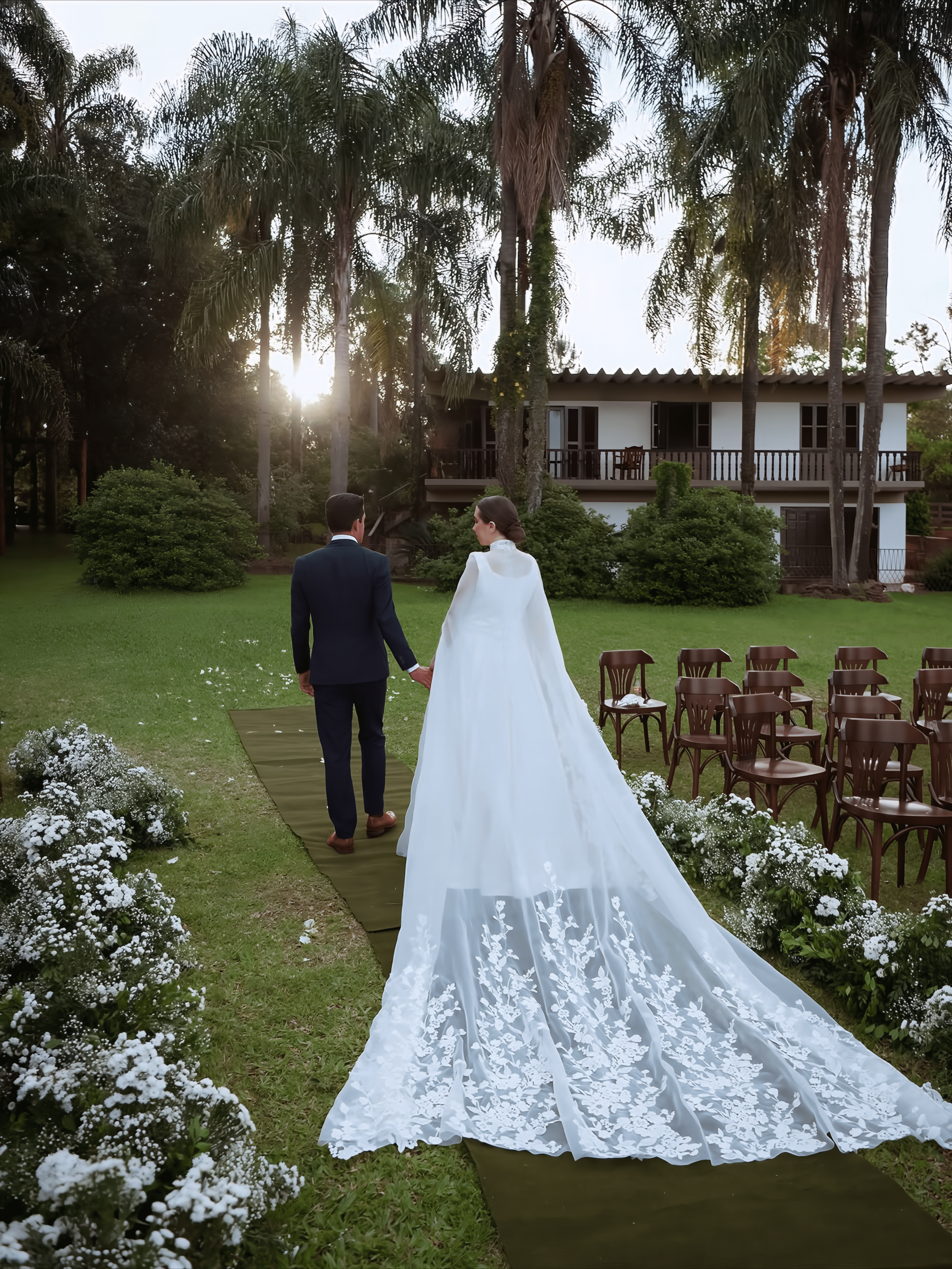 Casal de noivos caminhando no gramado em direção à casa do Recanto dos Coqueiros